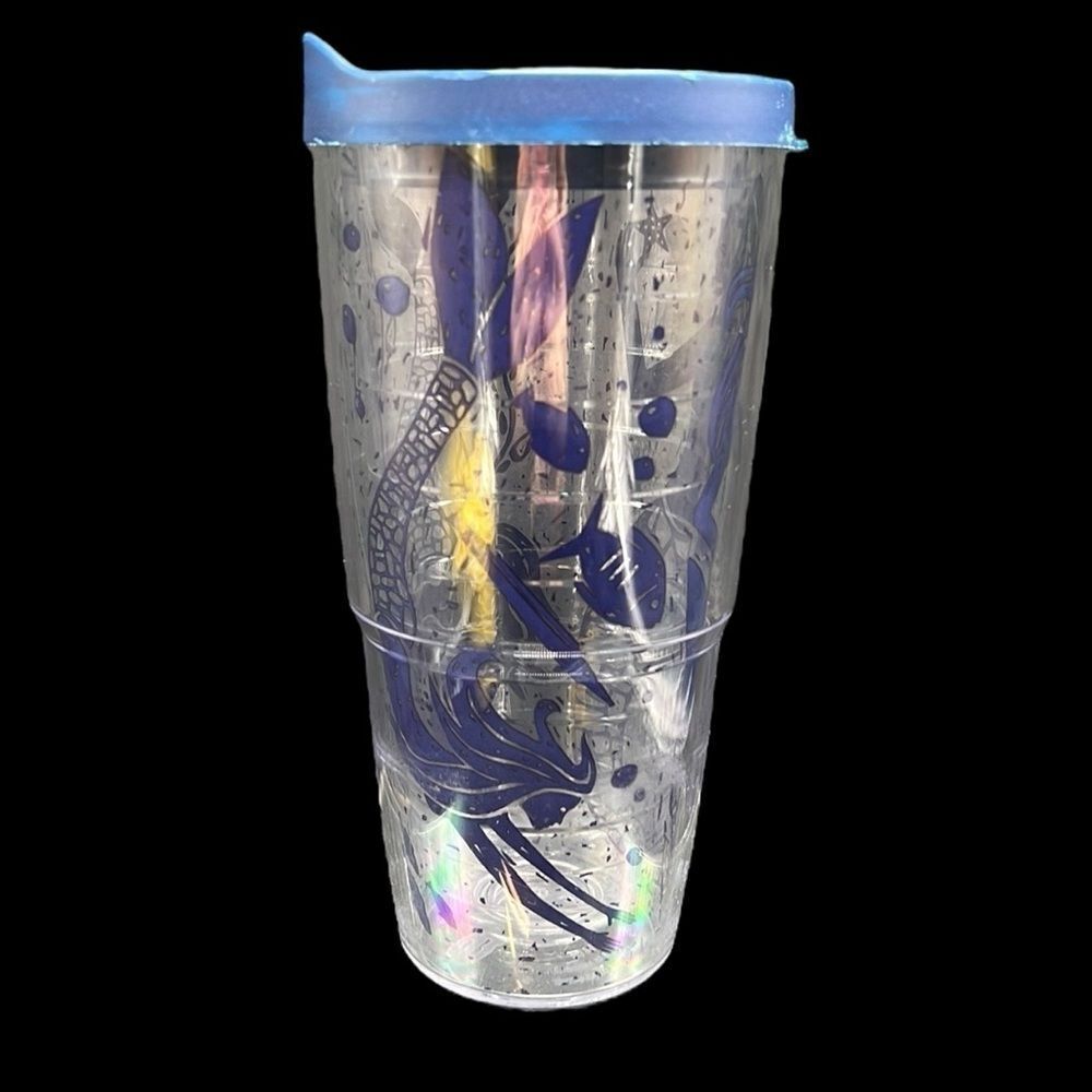 Tervis Tumbler 24oz Mermaid Collage Clear Blue Lid Hot or Cold Beverage Cup READ
